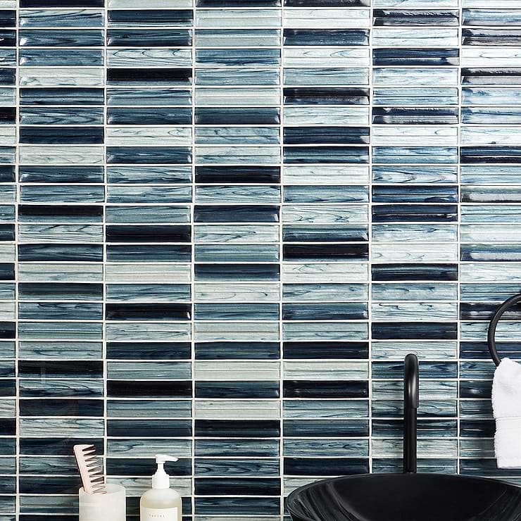 Maya Stacked Dusk Blue Polished Glass Mosaic; in Blue + Gray Glass ; for Backsplash, Kitchen Wall, Wall Tile, Bathroom Wall, Shower Wall; in Style Ideas Beach, Classic, Contemporary, Mediterranean, Traditional, Transitional, Tropical