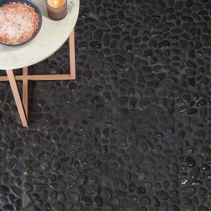 Cobblestone Obsidian Black Polished Pebble Mosaic; in Obsidian Black Cobblestone Pebble; for Backsplash, Floor Tile, Kitchen Floor, Kitchen Wall, Wall Tile, Bathroom Floor, Bathroom Wall, Shower Wall, Shower Floor, Outdoor Wall, Commercial Floor, Pool Tile; in Style Ideas Classic, Mediterranean, Tropical