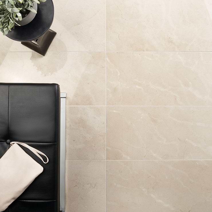 Crema Marfil Beige 12x24 Polished Marble Tile; in Beige Marble; for Backsplash, Floor Tile, Kitchen Floor, Kitchen Wall, Wall Tile, Bathroom Floor, Bathroom Wall, Shower Wall, Outdoor Floor, Outdoor Wall, Commercial Floor; in Style Ideas Classic, Contemporary, Craftsman, Farmhouse, Traditional, Transitional