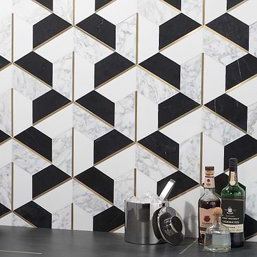 Decade Nero Blanco Black & White Hexagon Polished Marble & Brass Mosaic - Sample