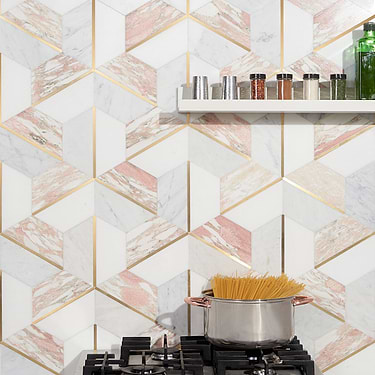 Decade Rosa Pink Hexagon Polished Marble & Brass Mosaic - Sample