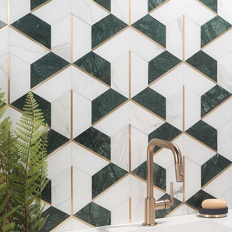 Decade Verde Green Polished Marble & Brass Mosaic; in Green, White, Brass Verde + Calacatta Gold + Thassos + Brass; for Backsplash, Kitchen Wall, Wall Tile, Bathroom Wall, Shower Wall, Outdoor Wall; in Style Ideas Art Deco, Contemporary, Modern, Whimsical; released 2023; new, trends