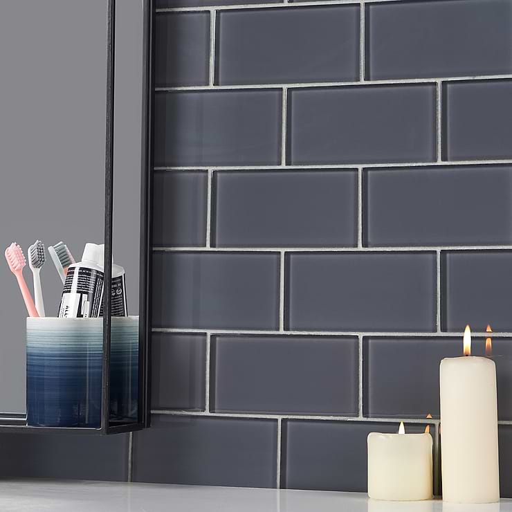 Loft Ash Gray 3x6 Polished Glass Subway Tile; in Gray Glass; for Backsplash, Bathroom Wall, Kitchen Wall, Outdoor Wall, Pool Tile, Shower Wall, Wall Tile; in Style Ideas Beach, Classic, Farmhouse, Industrial, Traditional