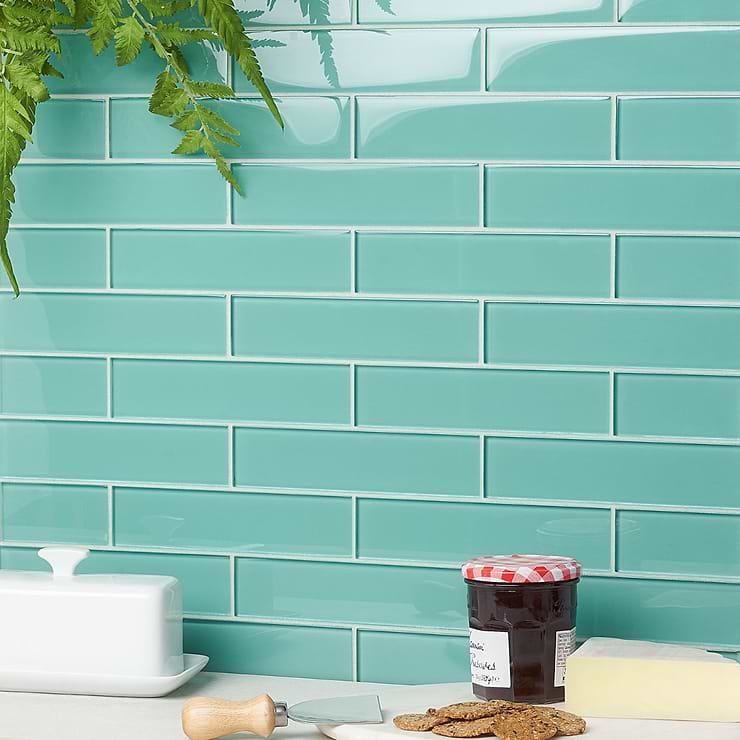 Loft Tea Green 2x8 Polished Glass Subway Tile; in Light Green Glass; for Backsplash, Kitchen Wall, Wall Tile, Bathroom Wall, Shower Wall, Outdoor Wall, Pool Tile; in Style Ideas Beach, Classic, Farmhouse, Industrial, Transitional, Tropical, Whimsical