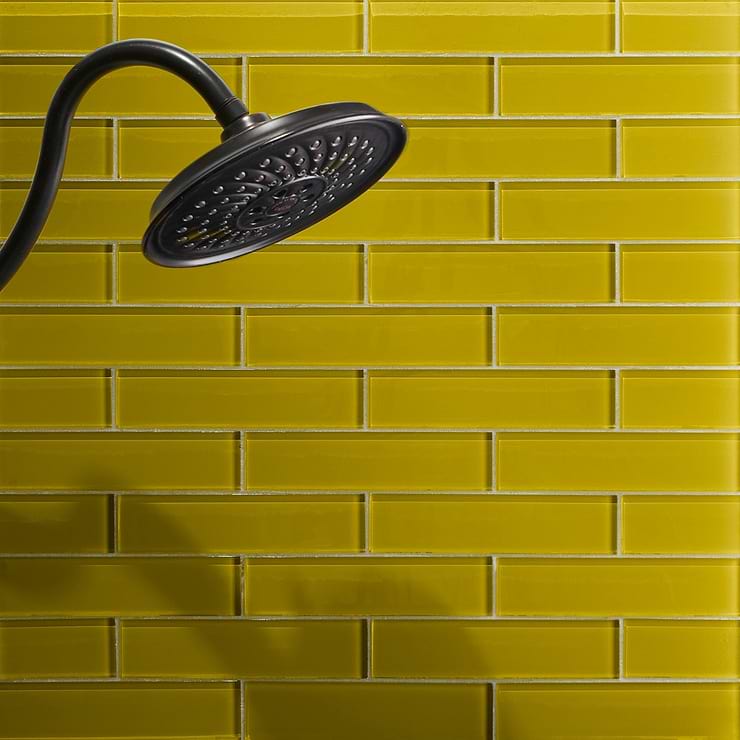 Loft Mata Hari Gold 2x8 Polished Glass Subway Tile; in Yellow Glass; for Backsplash, Kitchen Wall, Wall Tile, Bathroom Wall, Shower Wall, Outdoor Wall, Pool Tile; in Style Ideas Beach, Classic, Farmhouse, Industrial, Traditional