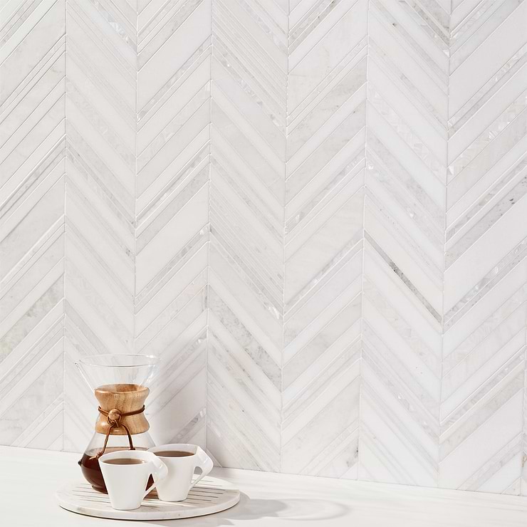 Aya White Chevron Polished Marble & Pearl Mosaic; in White White Thassos + Alaska White + White Pearl; for Backsplash, Kitchen Wall, Wall Tile, Bathroom Wall, Shower Wall; in Style Ideas Art Deco, Contemporary, Modern; released 2023; new, trends