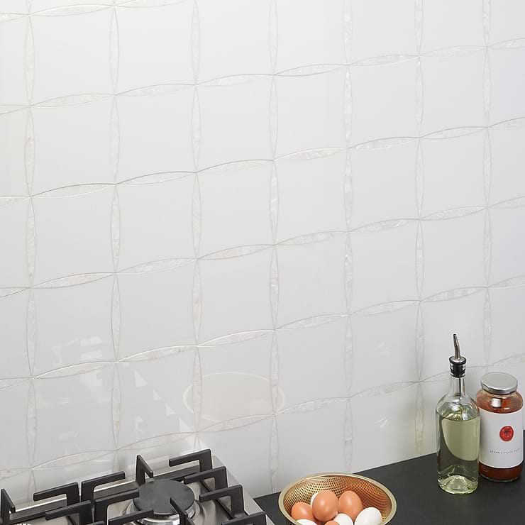 Lily Pearl White Polished Nanoglass & Pearl Mosaic; in White Nano Glass + White Pearls; for Backsplash, Kitchen Wall, Wall Tile, Bathroom Wall, Outdoor Wall; in Style Ideas Classic, Farmhouse; released 2023; new, trends