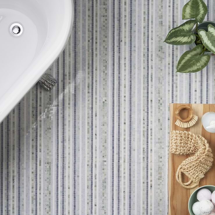 Microsaic Lines Sky Blue Polished Marble Mosaic Tile