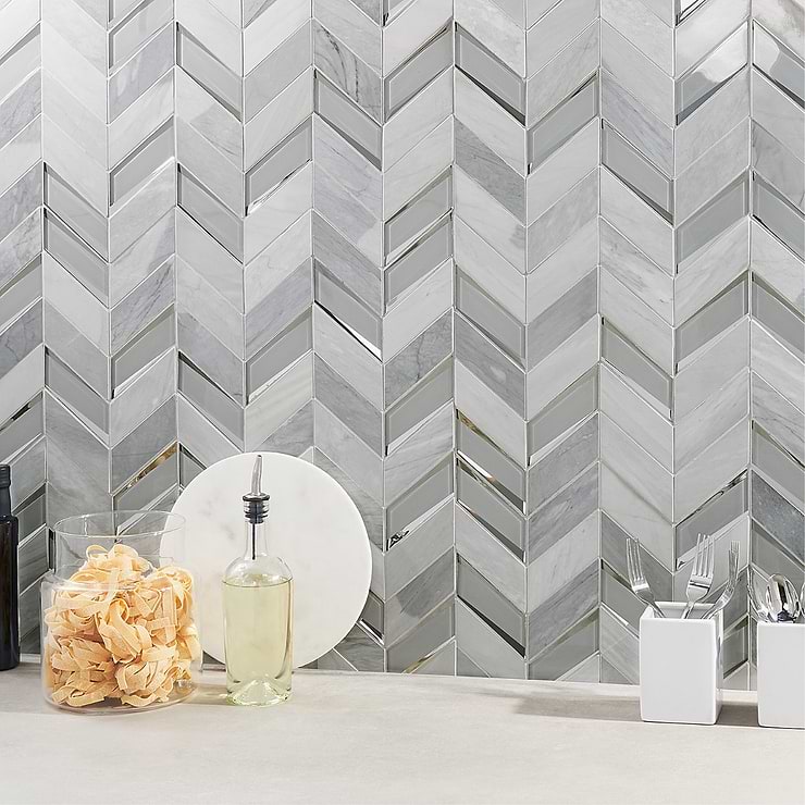Kasol Dove Gray 2x4 Marble and Mirrored Glass Polished Mosaic Tile