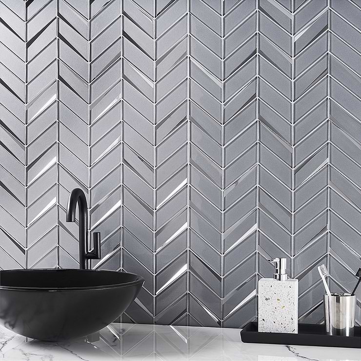 Kasol Paris Gray 2x4 Mirrored Glass Polished Mosaic; in Gray Glass ; for Backsplash, Kitchen Wall, Wall Tile, Bathroom Wall; in Style Ideas Art Deco, Mid Century, Modern