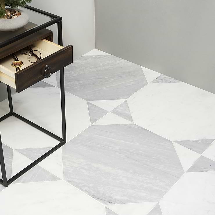 Cadre  Giotto Carrara and Italian Gray 20x20 Polished Marble Mosaic; in White and Grey White Carrara + Italian Gray Wood; for Backsplash, Floor Tile, Kitchen Floor, Kitchen Wall, Wall Tile, Bathroom Floor, Bathroom Wall, Shower Wall, Outdoor Wall, Commercial Floor; in Style Ideas Art Deco, Mid Century, Modern, Transitional, Whimsical