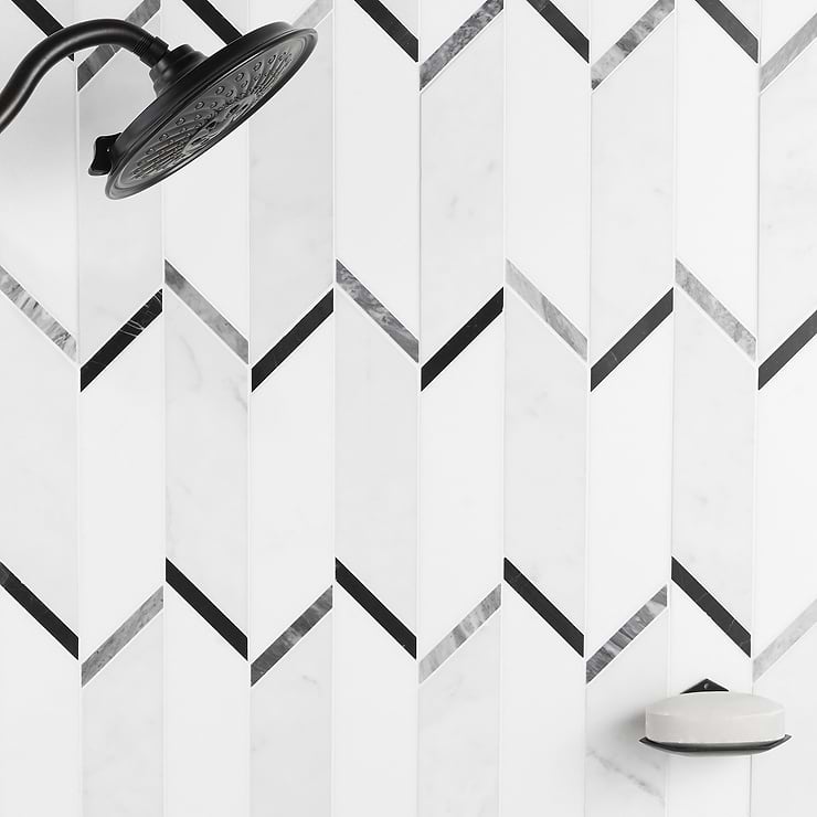 Fitz Blanco Grigio White Polished Marble Mosaic; in White + Black + Gray Carrara + White Thassos + Nero + Bardiglio; for Backsplash, Floor Tile, Kitchen Floor, Kitchen Wall, Wall Tile, Bathroom Floor, Bathroom Wall, Shower Wall, Shower Floor, Outdoor Wall, Commercial Floor; in Style Ideas Art Deco, Modern, Transitional, Whimsical