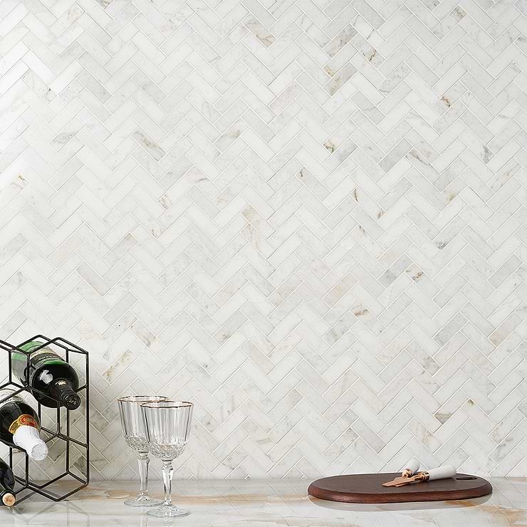 Alaska White 1x3 Herringbone Polished Marble Mosaic; in White Marble; for Backsplash, Floor Tile, Kitchen Floor, Kitchen Wall, Wall Tile, Bathroom Floor, Bathroom Wall, Shower Wall, Shower Floor, Outdoor Floor, Outdoor Wall, Commercial Floor; in Style Ideas Classic, Contemporary, Mid Century, Traditional, Transitional; released 2023; new, trends
