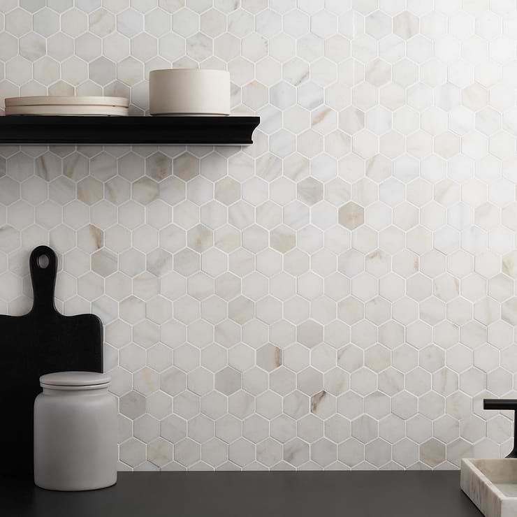 White Jade 2" Hexagon Polished Marble Mosaic; in White  Marble ; for Backsplash, Floor Tile, Kitchen Floor, Kitchen Wall, Wall Tile, Bathroom Floor, Bathroom Wall, Shower Wall, Shower Floor, Outdoor Wall, Commercial Floor; in Style Ideas Farmhouse, Modern; released 2023; new, trends