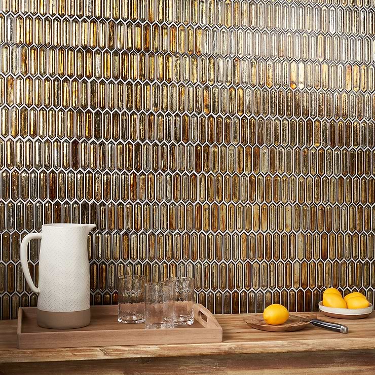 Komorebi Picket Firefly Gold 1x3 Polished Glass Mosaic; in gold Glass; for Backsplash, Kitchen Wall, Wall Tile, Bathroom Wall, Shower Wall; in Style Ideas Beach, Contemporary, Mediterranean