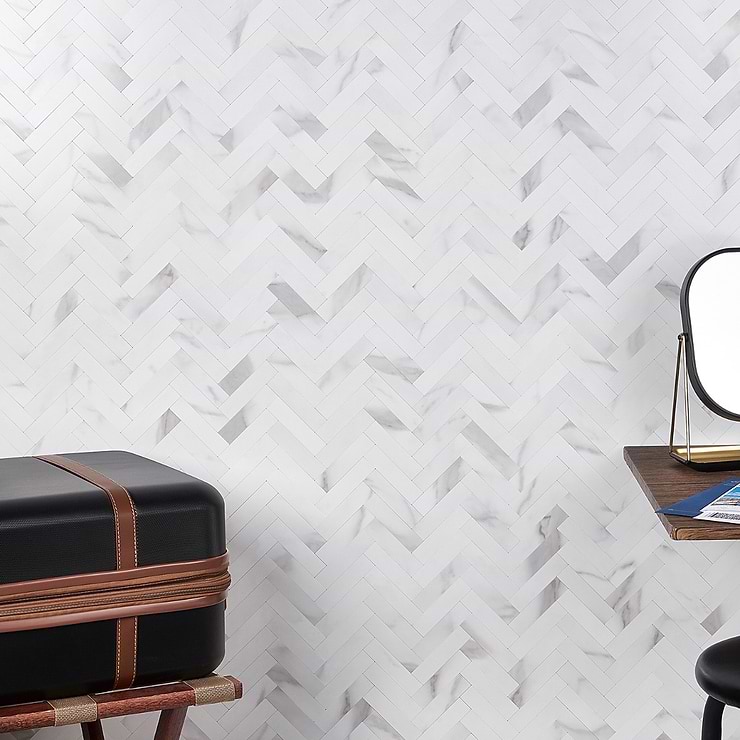 Calacatta LPS White Herringbone Seamless Solid Core Peel & Stick Self Adhesive Marble Look Matte Mosaic Tile