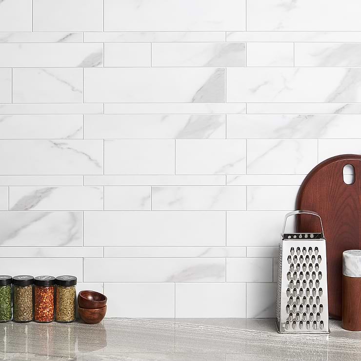 Calcatta LPS White Railroad Marble Look Matte Peel & Stick Mosaic; in White + Gray  Solid Polymer Core (SPC); for Backsplash, Kitchen Wall, Wall Tile, Bathroom Wall; in Style Ideas Art Deco, Classic, Contemporary, Mid Century, Modern, Transitional