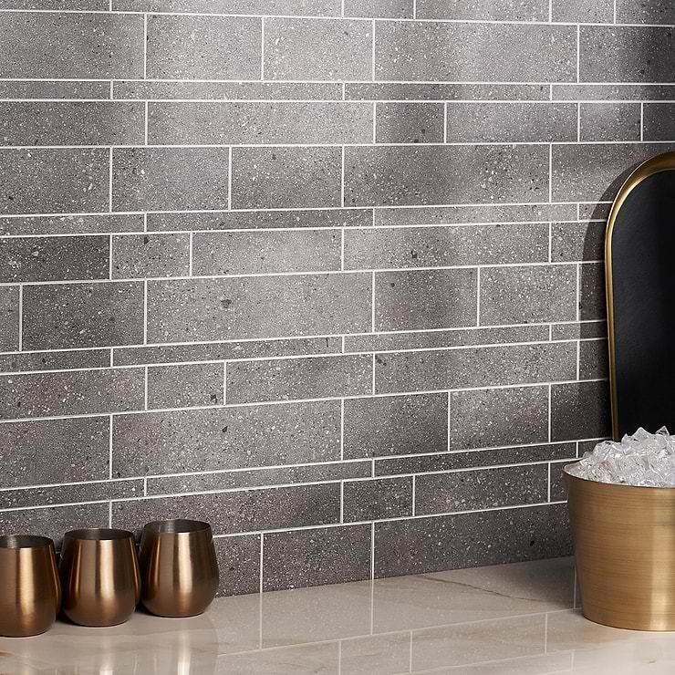 Railroad LPS Mixed Gray Terrazzo Look Matte Peel & Stick Mosaic; in Dark Gray  Solid Polymer Core (SPC); for Backsplash, Kitchen Wall, Wall Tile, Bathroom Wall; in Style Ideas Craftsman, Industrial, Modern
