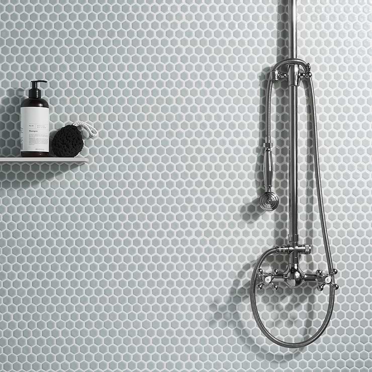 Eden Modern Gray 1" Rimmed Hexagon Polished Porcelain Mosaic; in Gray Porcelain; for Backsplash, Floor Tile, Kitchen Floor, Kitchen Wall, Wall Tile, Bathroom Floor, Bathroom Wall, Shower Wall, Shower Floor, Outdoor Wall, Commercial Floor; in Style Ideas Classic, Contemporary, Mid Century, Transitional; released 2023; new, trends