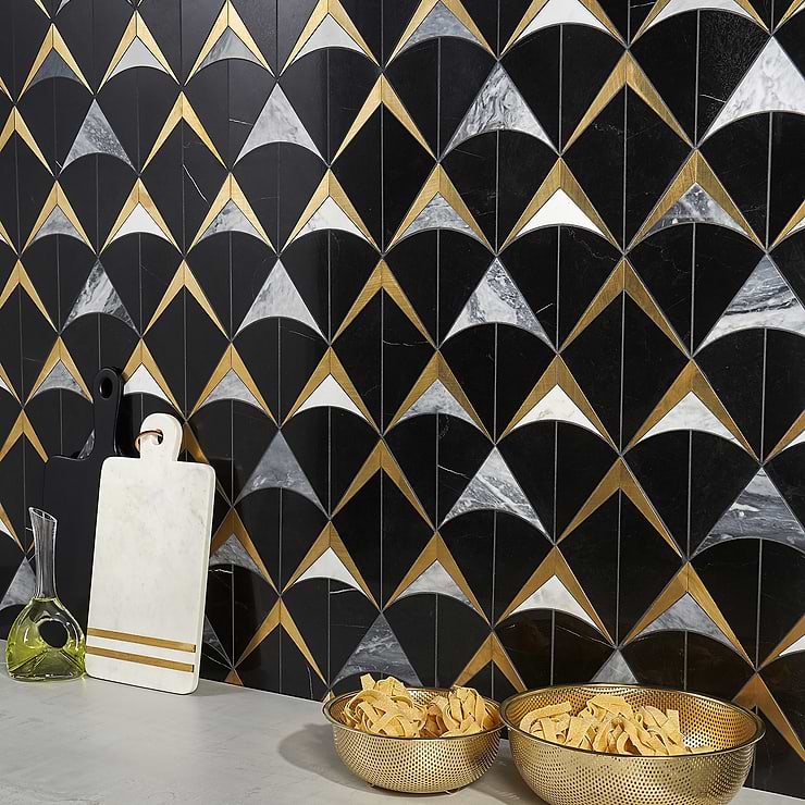 Regis Nero Waterjet Polished Marble Mosaic Tile, Black and Brass
