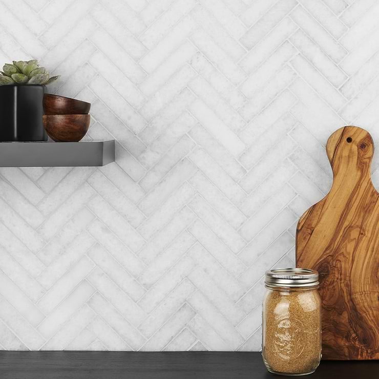 Snow White 1x4 Herringbone Honed Marble Mosaic; in White Marble; for Backsplash, Floor Tile, Kitchen Floor, Kitchen Wall, Wall Tile, Bathroom Floor, Bathroom Wall, Shower Wall, Shower Floor, Outdoor Floor, Outdoor Wall, Commercial Floor; in Style Ideas Classic, Craftsman, Contemporary, Farmhouse, Industrial, Modern, Traditional, Transitional; released 2023; new, trends