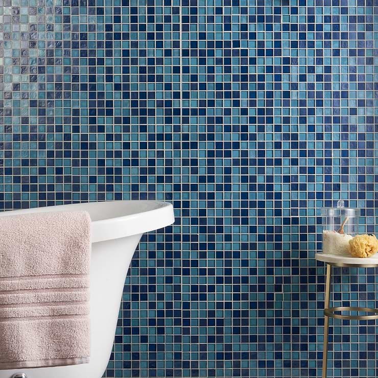 Ohana Sapphire Blue 1x1 Polished Glass Mosaic; in Sapphire Blue Glass; for Backsplash, Kitchen Wall, Wall Tile, Bathroom Wall, Shower Wall, Outdoor Wall, Pool Tile; in Style Ideas Contemporary, Industrial, Mediterranean, Modern, Transitional; released 2023; new, trends