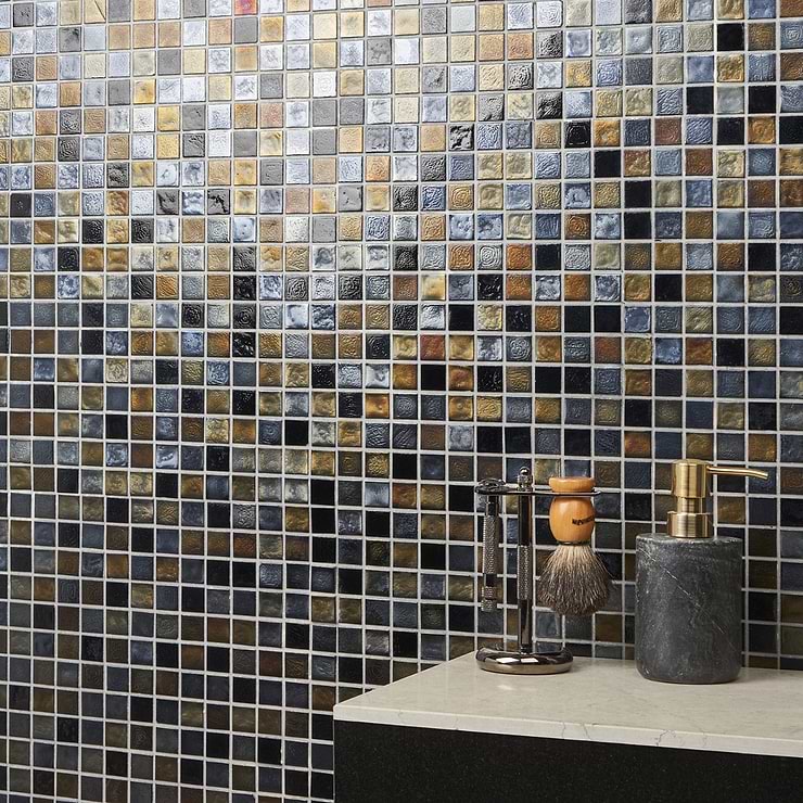 Ohana Small Squares Black Bronze 1x1 Glass Mosaic Tile