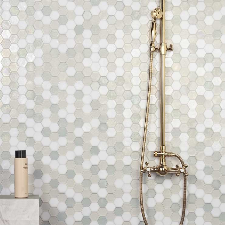 Ohana Atmosphere White 2'' Hexagon Polished Glass Mosaic; in Atmosphere White Glass; for Backsplash, Kitchen Wall, Wall Tile, Bathroom Wall, Shower Wall, Outdoor Wall, Pool Tile; in Style Ideas Contemporary, Industrial, Mediterranean, Modern, Transitional; released 2023; new, trends