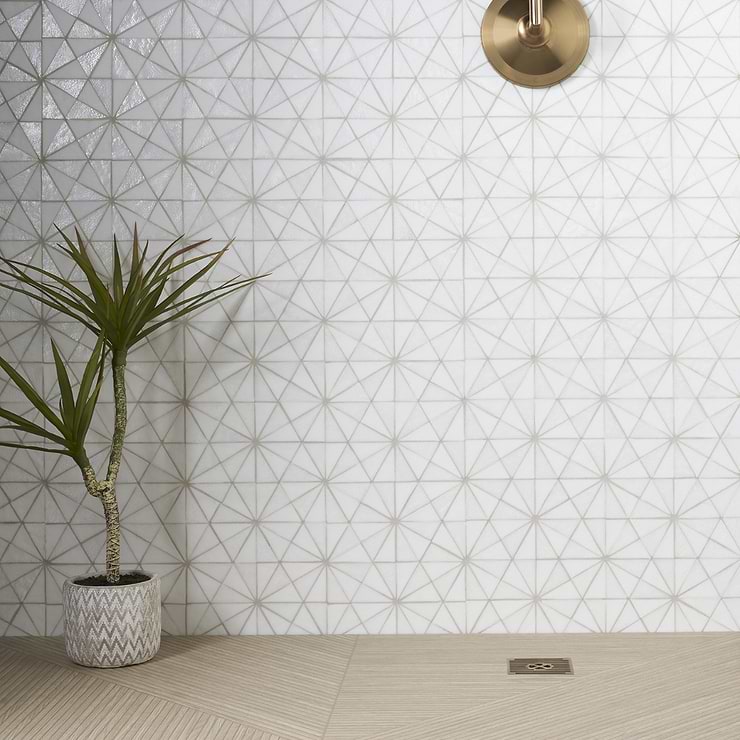 Ohana Kaleidoscope White Triangle Polished Glass Mosaic; in White Glass; for Backsplash, Kitchen Wall, Wall Tile, Bathroom Wall, Shower Wall, Outdoor Wall, Pool Tile; in Style Ideas Contemporary, Industrial, Mediterranean, Modern, Transitional; released 2023; new, trends
