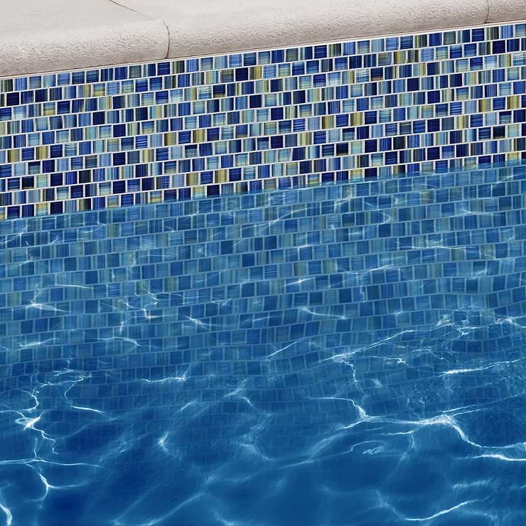 Watercolors Blue 1x1 Glazed Glass Mosaic; in Blue Glass; for Backsplash, Kitchen Wall, Wall Tile, Bathroom Wall, Shower Wall, Outdoor Wall, Pool Tile; in Style Ideas Mediterranean, Traditional, Transitional, Tropical; released 2023; new, trends