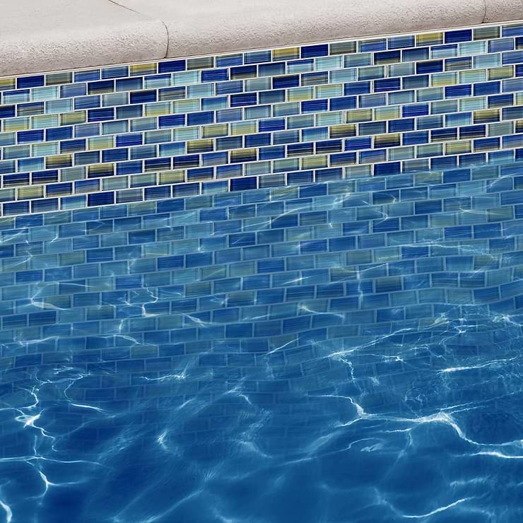 Watercolors Blue 1x2 Brick Glazed Glass Mosaic; in Blue Glass; for Backsplash, Kitchen Wall, Wall Tile, Bathroom Wall, Shower Wall, Outdoor Wall, Pool Tile; in Style Ideas Mediterranean, Traditional, Transitional, Tropical; released 2023; new, trends