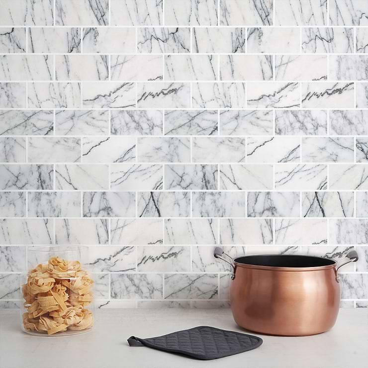 Lilac White 3x6 Honed Marble Tile; in White + Dark veins Marble; for Backsplash, Floor Tile, Kitchen Floor, Kitchen Wall, Wall Tile, Bathroom Floor, Bathroom Wall, Shower Wall, Shower Floor, Commercial Floor; in Style Ideas Art Deco, Contemporary, Modern