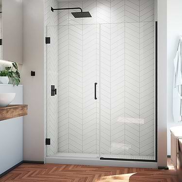 Unidoor Plus 58.5-59x72" Reversible Hinged Shower Alcove Door with Clear Glass in Satin Black by DreamLine