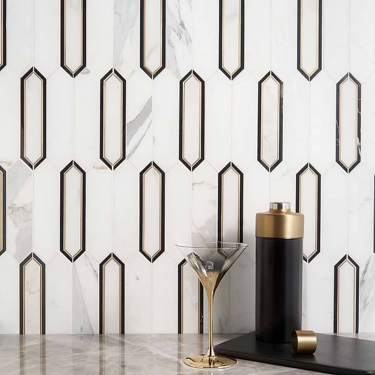 Zeus White Calacatta 2x8 Picket Polished Marble and Brass Waterjet Mosaic Tile