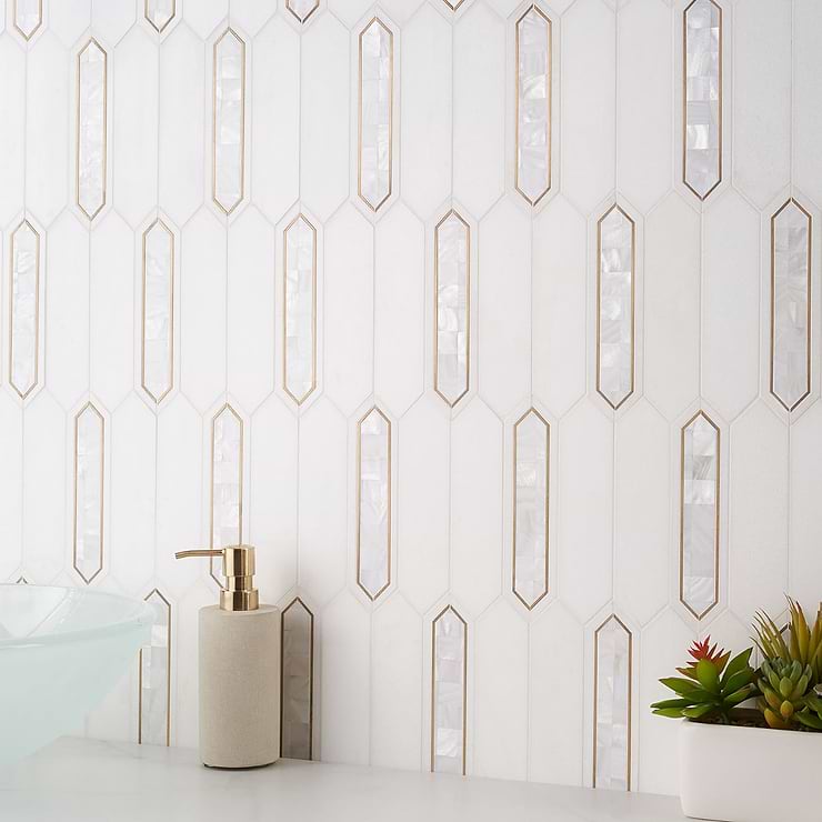 Zeus White Pearl 2x8 Picket Polished Marble, Pearl and Brass Waterjet Mosaic Tile