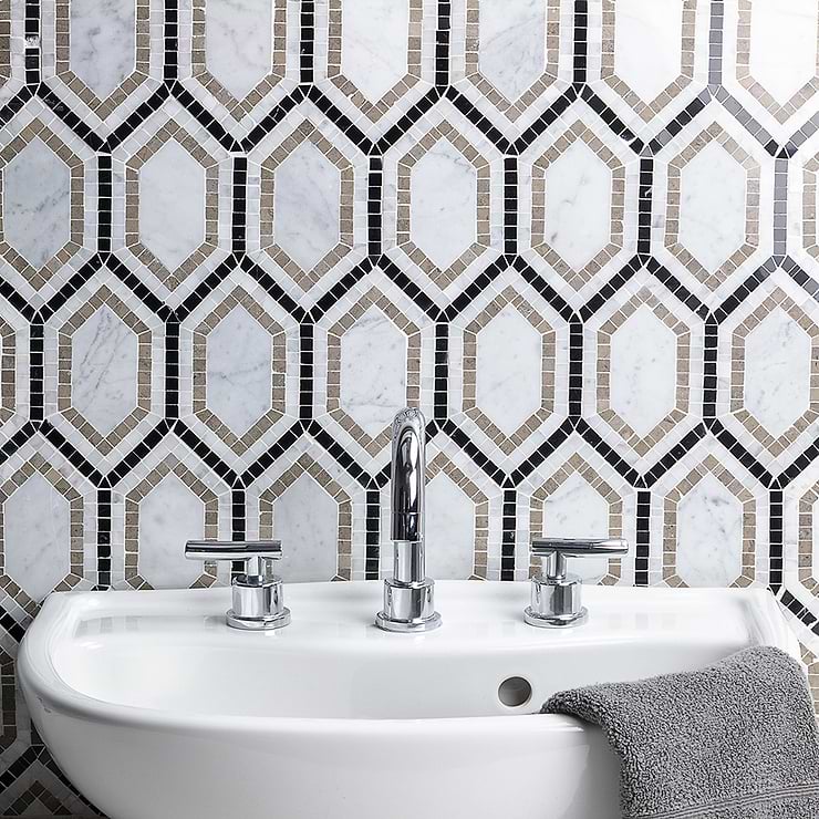 Infinity Carrara Black & White Hexagon Polished Marble Mosaic; in Carrera + Lagos + Black Carrara + Lagos + Black Marble; for Backsplash, Floor Tile, Kitchen Floor, Kitchen Wall, Wall Tile, Bathroom Floor, Bathroom Wall, Shower Wall, Shower Floor, Outdoor Wall, Commercial Floor; in Style Ideas Art Deco, Classic, Mid Century, Traditional, Transitional
