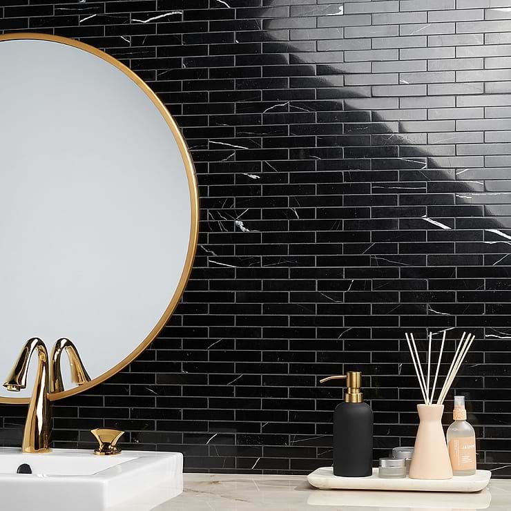 Nero Marquina 1x4 Piano Brick Polished Marble Mosaic Tile