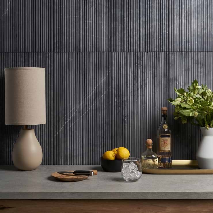 Waves Nero Marquina Black 12x24 Fluted 3D Honed Marble Tile; in Charcoal with White Veining Marble; for Backsplash, Kitchen Wall, Wall Tile, Bathroom Wall, Shower Wall, Outdoor Wall; in Style Ideas Classic, Craftsman, Contemporary, Traditional, Transitional