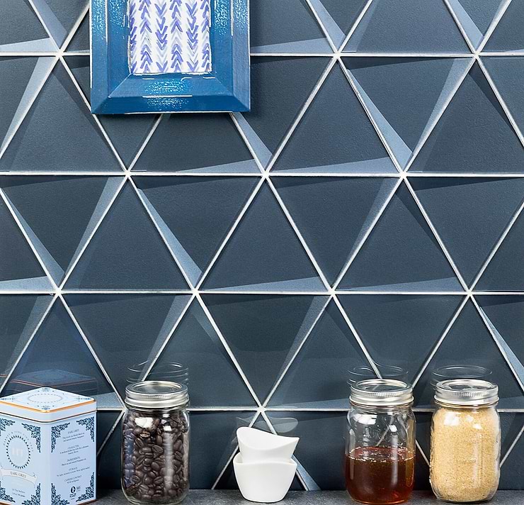 Remington Midnight Blue 6” Triangle 3D Glass Tile; in Dark blue Glass; for Backsplash, Kitchen Wall, Wall Tile, Bathroom Wall, Shower Wall; in Style Ideas Art Deco, Beach