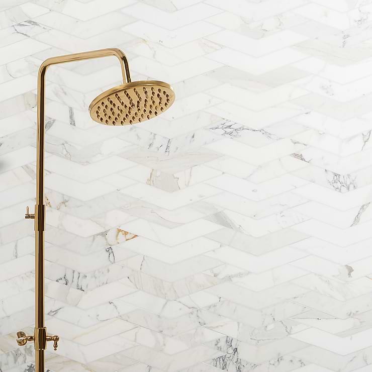 New Palm Beach White Floral Polished Marble Mosaic by Krista Watterworth; in Gold Calacatta; for Backsplash, Floor Tile, Kitchen Floor, Kitchen Wall, Wall Tile, Bathroom Floor, Bathroom Wall, Shower Wall, Shower Floor, Outdoor Floor, Outdoor Wall, Commercial Floor; in Style Ideas Art Deco, Mid Century, Tropical