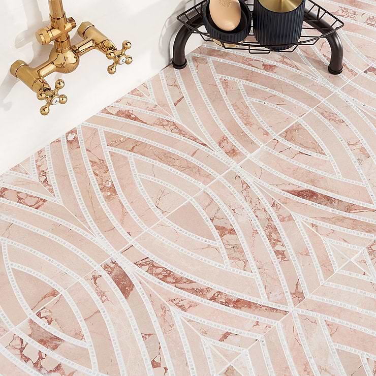 New Palm Beach by Krista Watterworth Leaf Pink Polished Marble Mosaic