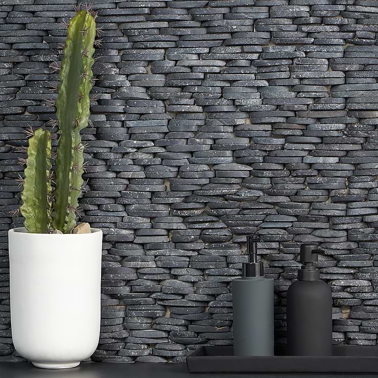 Nature Stacked Alor Black Honed Natural Stone Mosaic; in Black  Natural Stone ; for Backsplash, Bathroom Wall, Kitchen Wall, Outdoor Wall, Wall Tile; in Style Ideas Beach, Contemporary