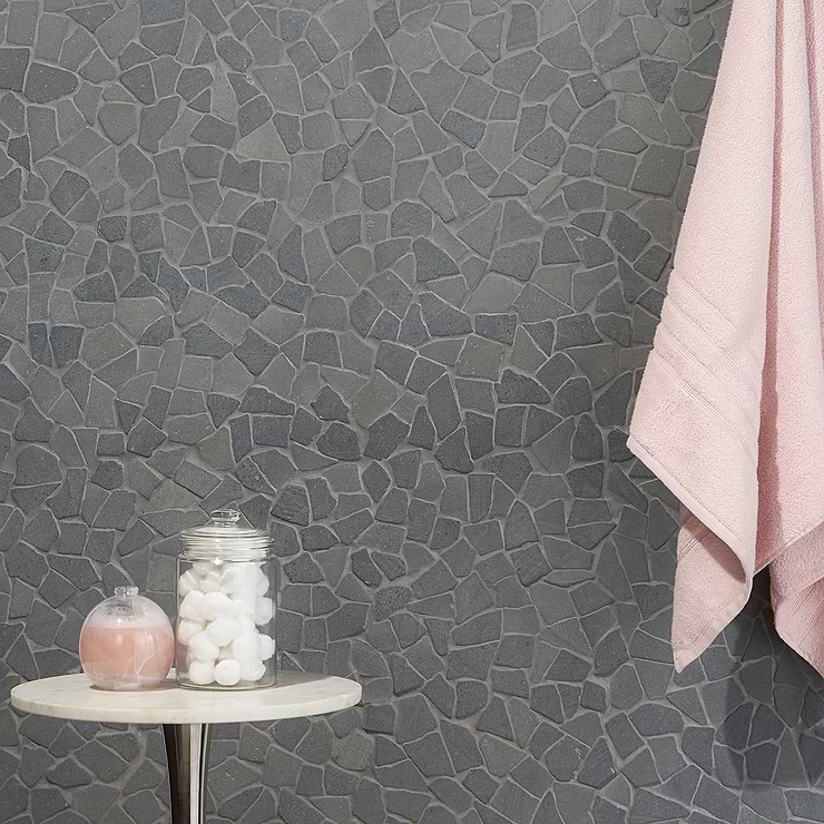 Nature Tumbled Lava Gray Honed Natural Stone Mosaic; in Black + Gray  Natural Stone ; for Backsplash, Bathroom Floor, Bathroom Wall, Commercial Floor, Floor Tile, Kitchen Floor, Kitchen Wall, Outdoor Floor, Outdoor Wall, Shower Floor, Shower Wall, Wall Tile; in Style Ideas Beach, Contemporary