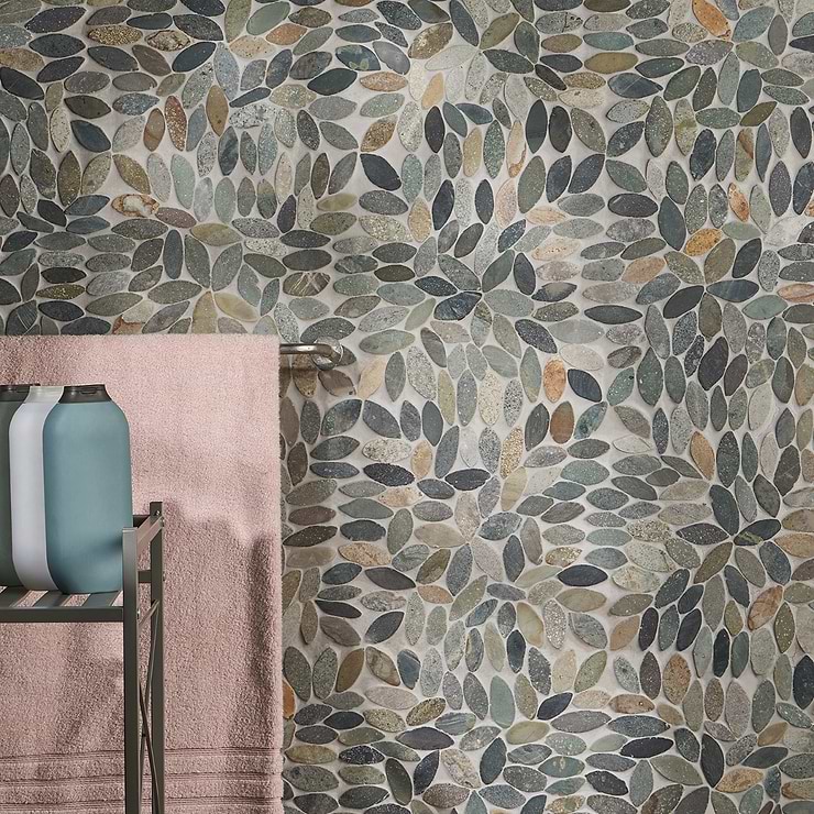 Nature Flower Sumatra Blend Multicolor Honed Natural Stone Mosaic Tile; in Multicolor Pebble; for Backsplash, Floor Tile, Kitchen Floor, Kitchen Wall, Wall Tile, Bathroom Floor, Bathroom Wall, Shower Wall, Shower Floor, Outdoor Floor, Outdoor Wall, Commercial Floor, Pool Tile; in Style Ideas Contemporary, Traditional, Transitional, Tropical, Whimsical