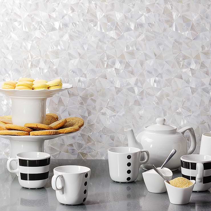 Serene White Troika Polished Peaarl Mosaic; in White & Pearl Pearl; for Backsplash, Kitchen Wall, Wall Tile, Bathroom Wall; in Style Ideas Beach
