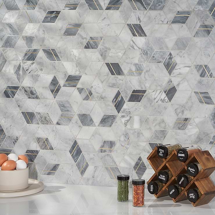 Morgana Bardiglio Gray Polished Marble & Brass Mosaic; in Gray Bardiglio + Brass; for Backsplash, Kitchen Wall, Wall Tile, Bathroom Wall, Outdoor Wall; in Style Ideas Art Deco, Contemporary, Mid Century, Modern; released 2023; new, trends
