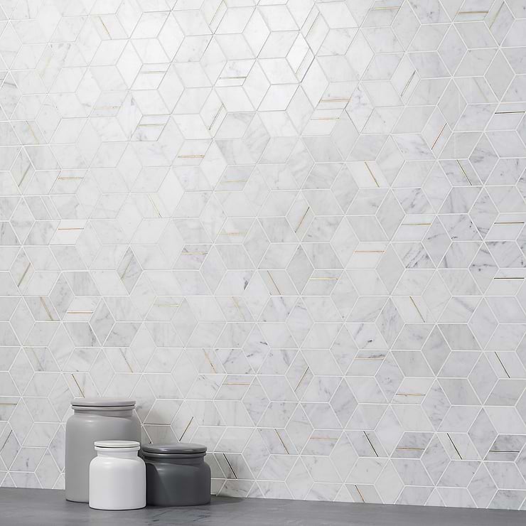 Morgana Carrara Polished Marble and Brass Mosaic Tile