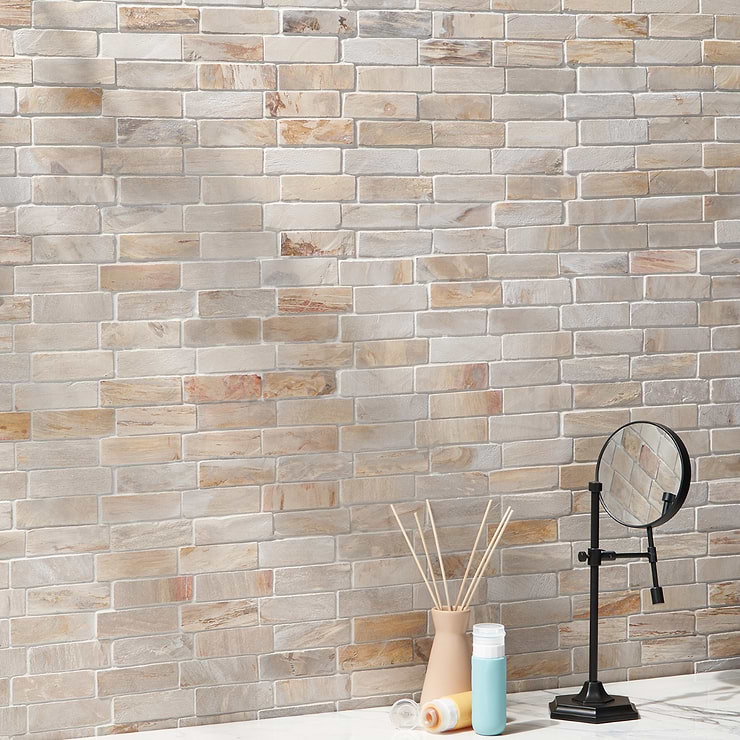 Fossil Beige Brick 1x4 Brick Tumbled Marble Mosaic; in Beige, Brown, Gray Marble; for Backsplash, Floor Tile, Kitchen Floor, Kitchen Wall, Wall Tile, Bathroom Floor, Bathroom Wall, Shower Wall, Shower Floor, Outdoor Floor, Outdoor Wall, Commercial Floor; in Style Ideas Beach, Farmhouse, Traditional, Transitional, Tropical