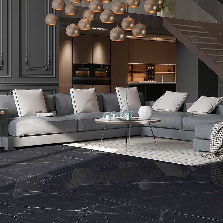 TilebarXL Marmi Slim Black Marquina 30x60 Polished Porcelain Slab; in Black Porcelain ; for Backsplash, Floor Tile, Kitchen Floor, Kitchen Wall, Wall Tile, Bathroom Floor, Bathroom Wall, Shower Wall, Outdoor Wall, Commercial Floor; in Style Ideas Art Deco, Contemporary, Mid Century, Modern, Traditional