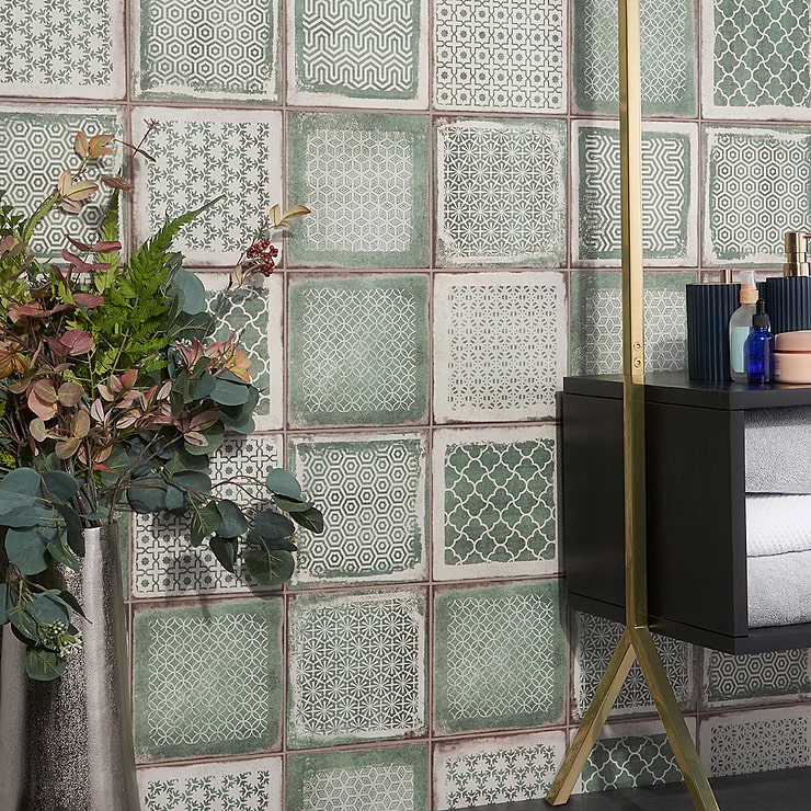 Los Lunas Deco Green 8x8 Matte Porcelain Tile; in Green Porcelain ; for Backsplash, Floor Tile, Kitchen Floor, Kitchen Wall, Wall Tile, Bathroom Floor, Bathroom Wall, Shower Wall, Outdoor Floor, Outdoor Wall, Commercial Floor; in Style Ideas Contemporary, Cottage, Craftsman, Farmhouse, Mediterranean, Mid Century, Rustic, Traditional, Transitional; released 2023; new, trends